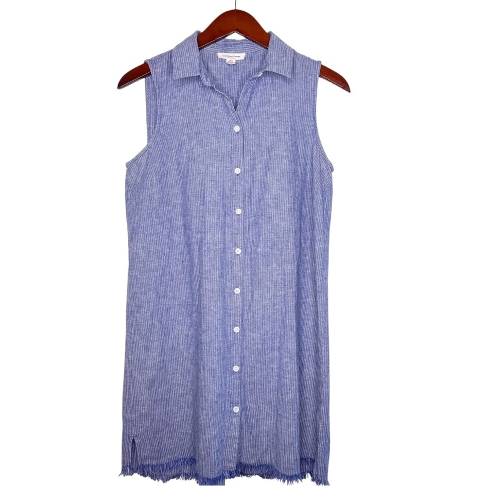 BEACH LUNCH LOUNGE Button Front Linen Blend  Shirt Dress w Frayed Hem Size Small